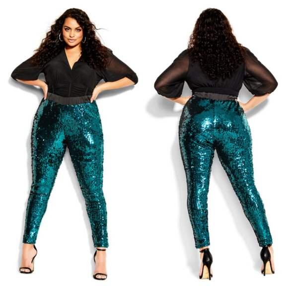 NWT City Chic Emerald Sequin High Rise Party Pants 18 - Picture 1 of 10